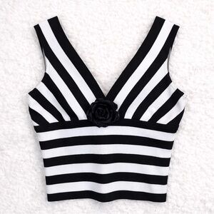 Veronique Young Black White Striped V-Neck Crop Top Y2K Size 8 Balletcore